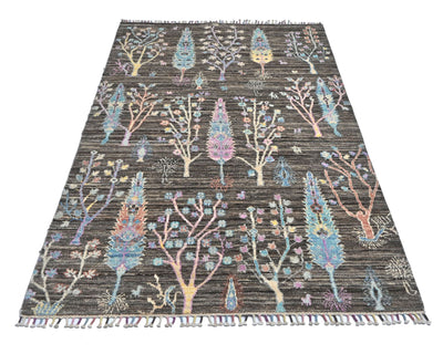 Alfombra afgana de lana anudada a mano Khurgeen marrón y gris de 4 x 6 pulgadas