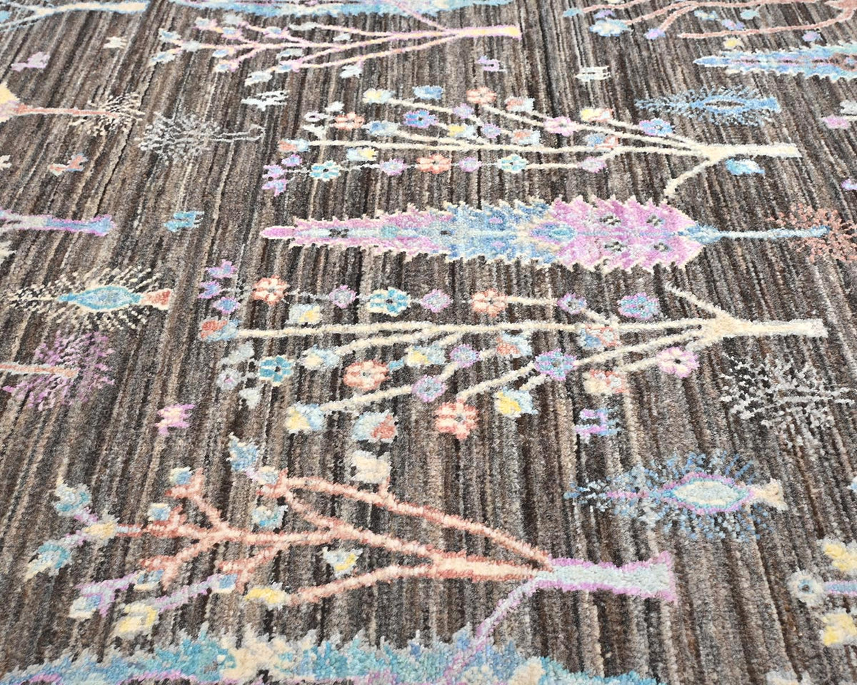Alfombra afgana de lana anudada a mano Khurgeen marrón y gris de 4 x 6 pulgadas