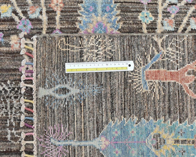 Alfombra afgana de lana anudada a mano Khurgeen marrón y gris de 4 x 6 pulgadas