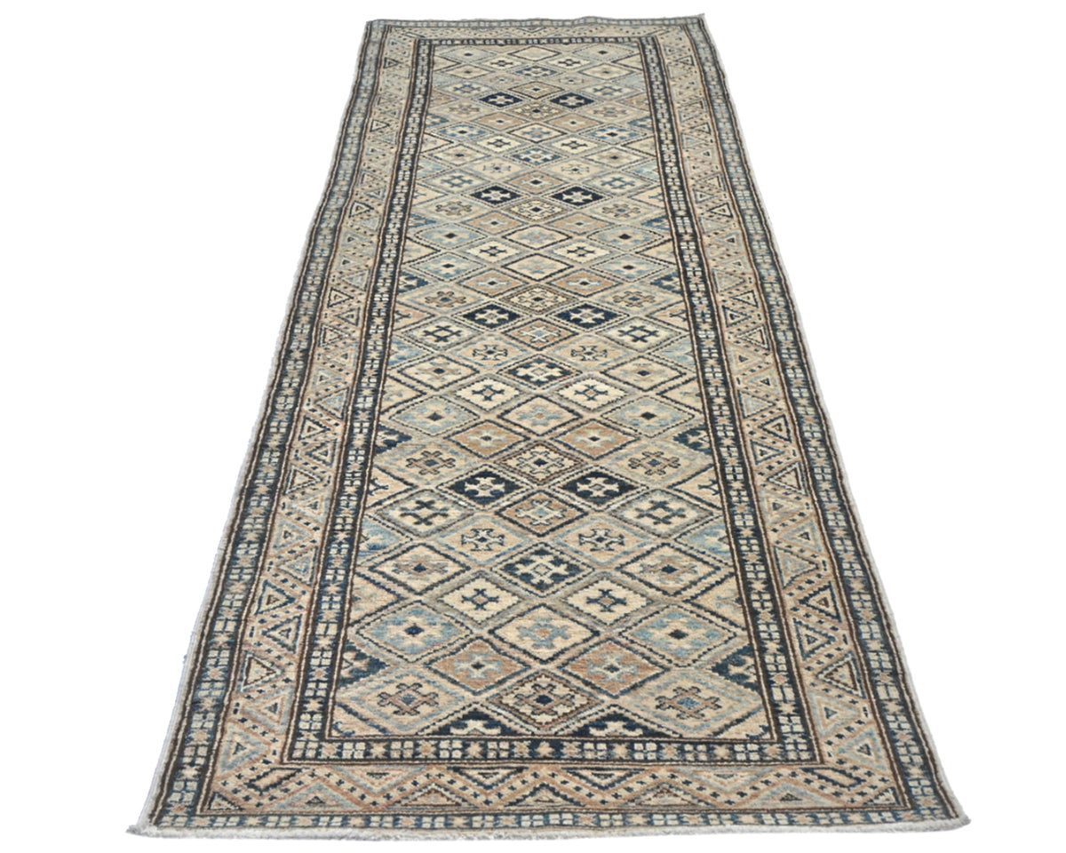 9 Ft Kazak Afghan Hand Knotted Geometric Wool Runner Rug