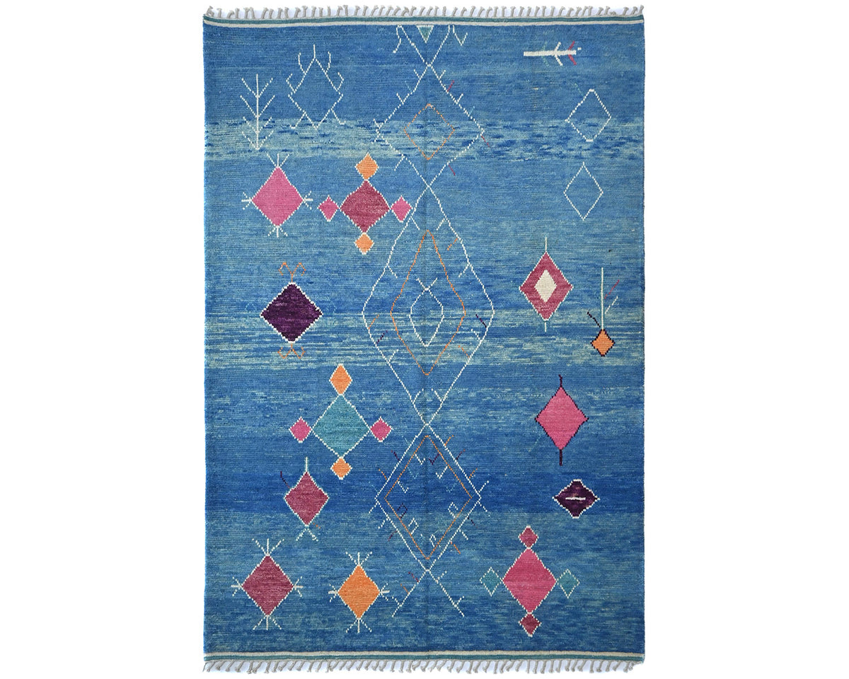 Alfombra marroquí de lana azul tejida a mano de 8 x 11 pulgadas