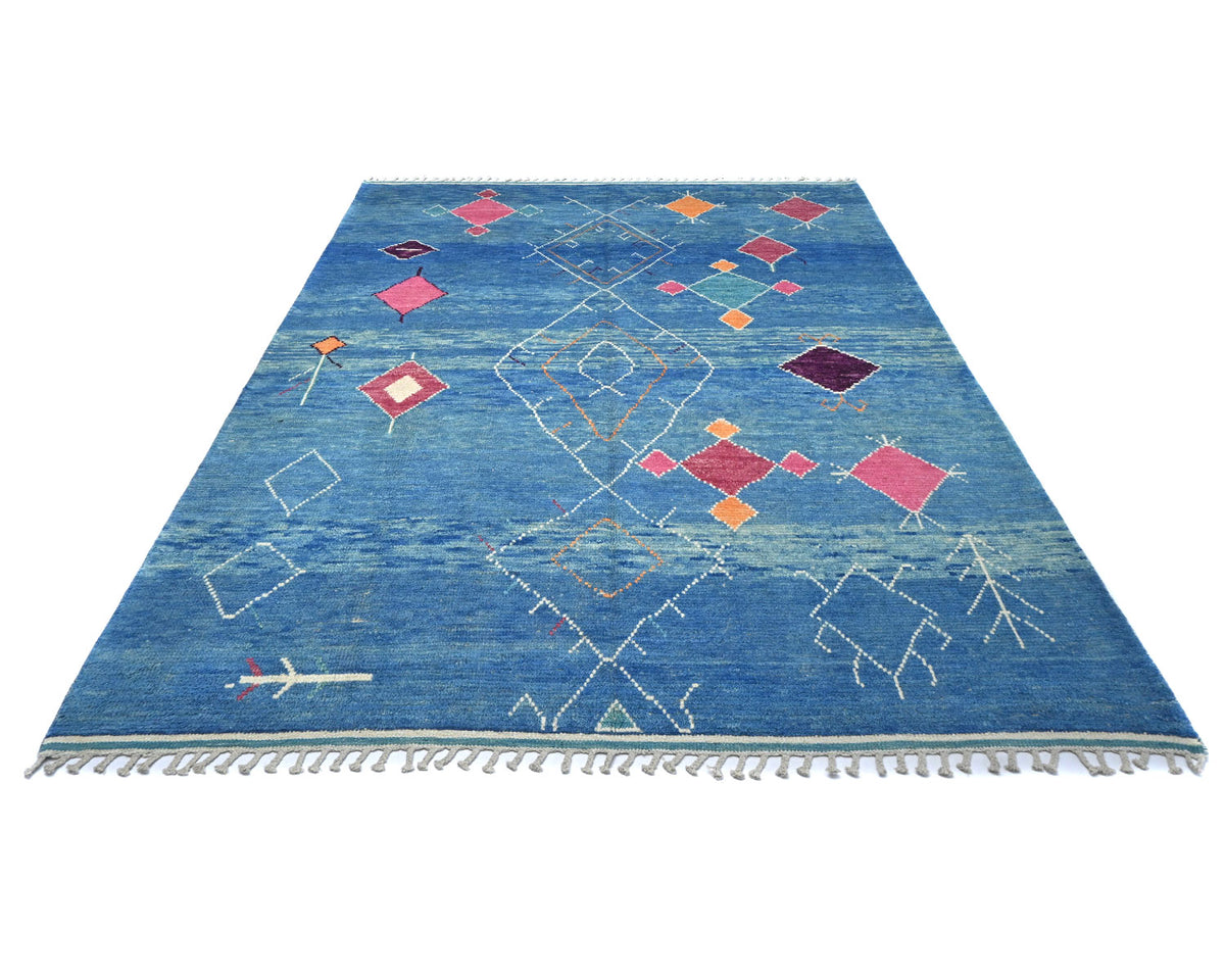 Alfombra marroquí de lana azul tejida a mano de 8 x 11 pulgadas