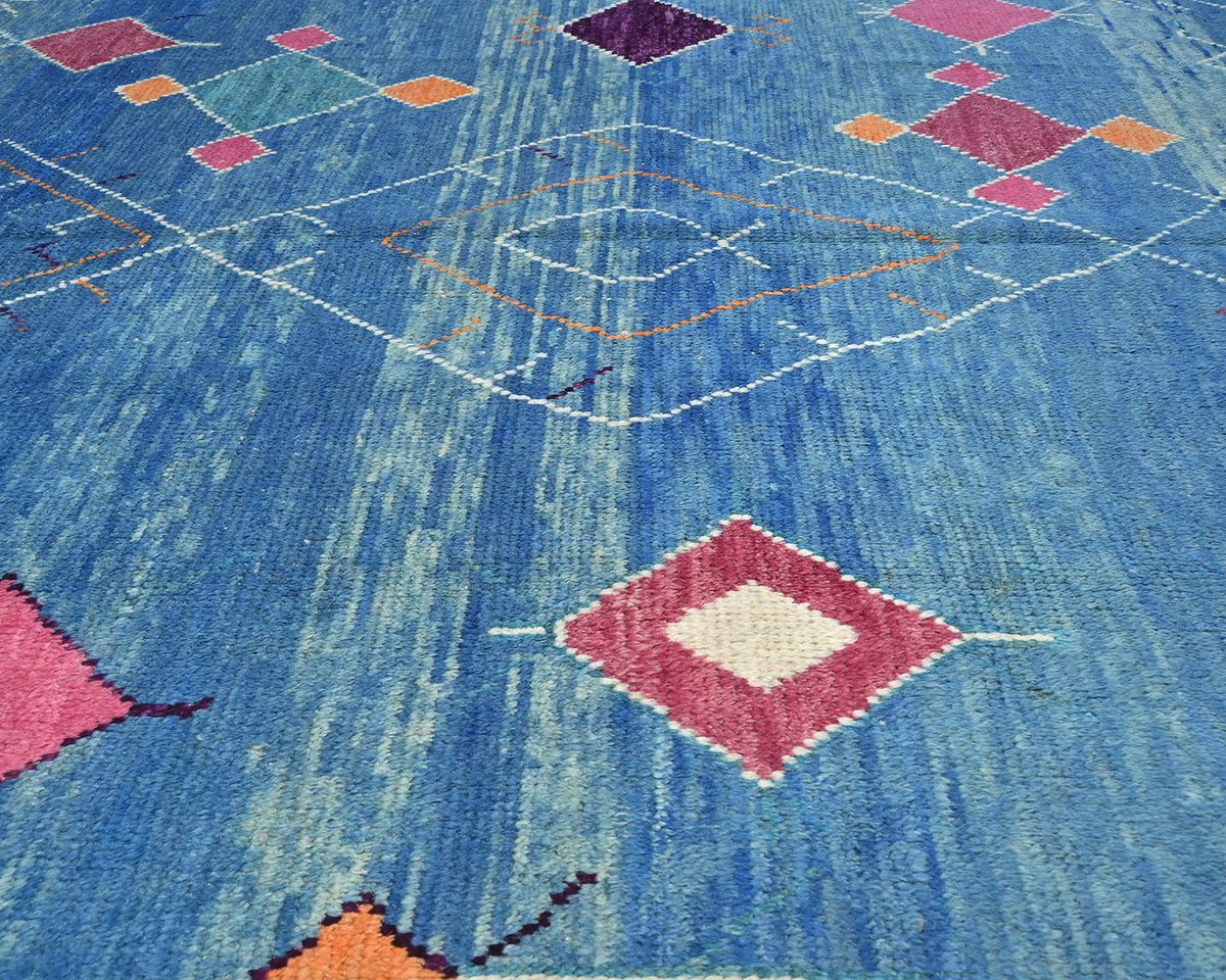 Alfombra marroquí de lana azul tejida a mano de 8 x 11 pulgadas
