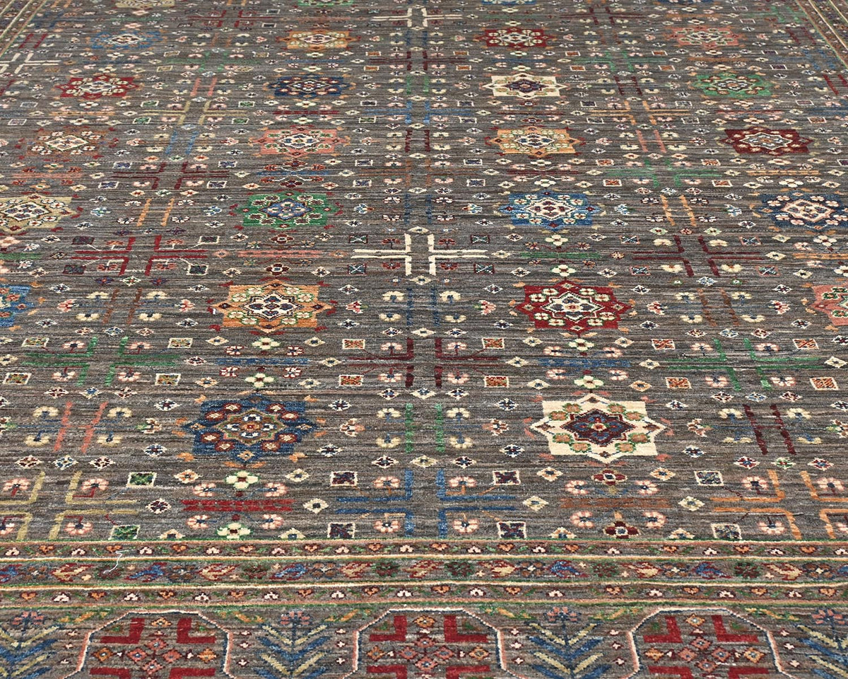 9x12 Gray Khurgeen Afghan Hand Knotted Wool Area Rug