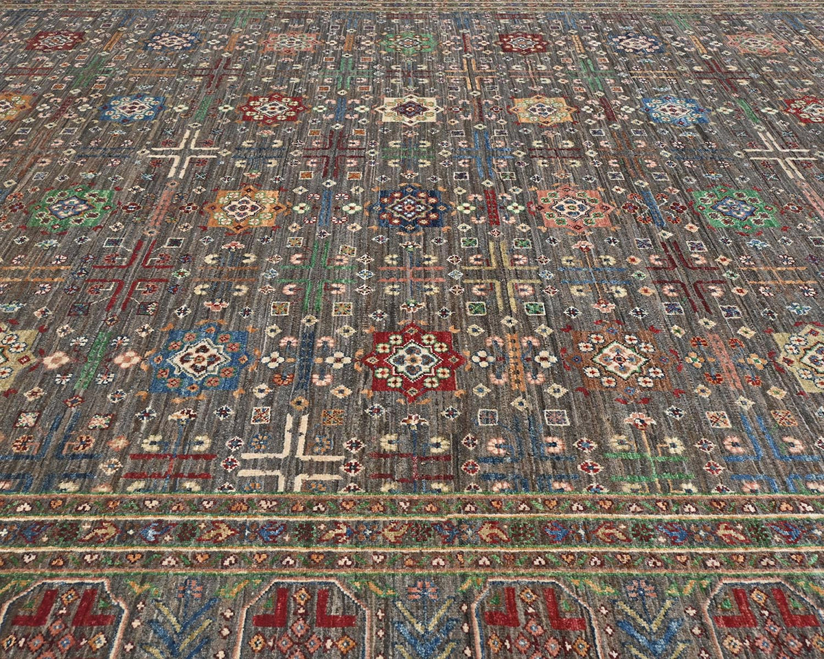 9x12 Gray Khurgeen Afghan Hand Knotted Wool Area Rug