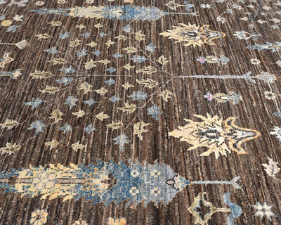 Alfombra de lana afgana anudada a mano Khurgeen marrón y gris de 13 pies
