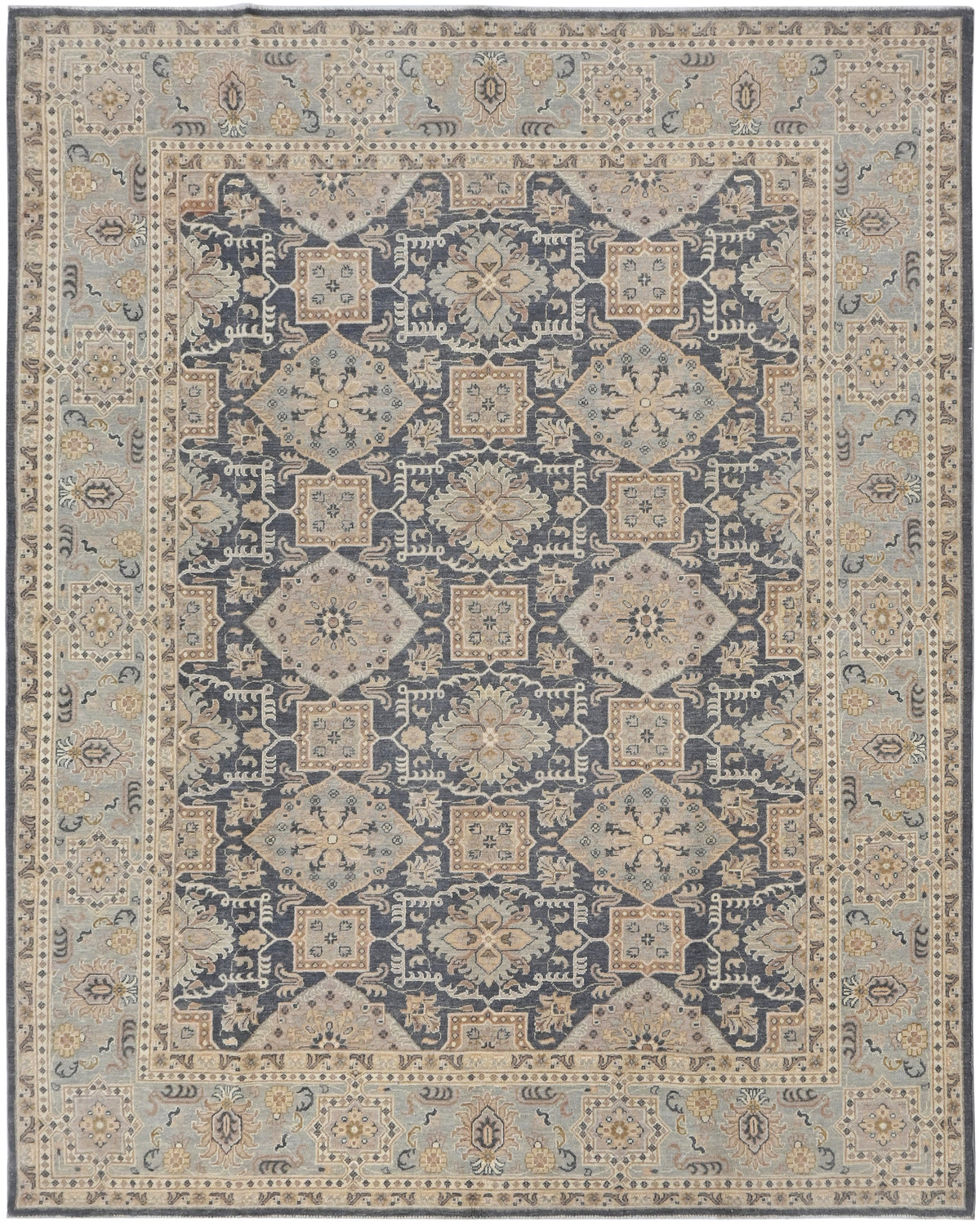 8x10 Chobi Gray Afghan Hand Knotted Geometric Wool Area Rug