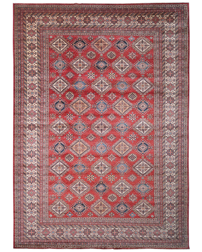 Alfombra afgana Kazak de lana roja anudada a mano de 13 x 17
