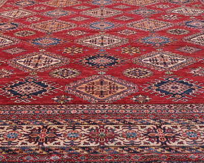 Alfombra afgana Kazak de lana roja anudada a mano de 13 x 17
