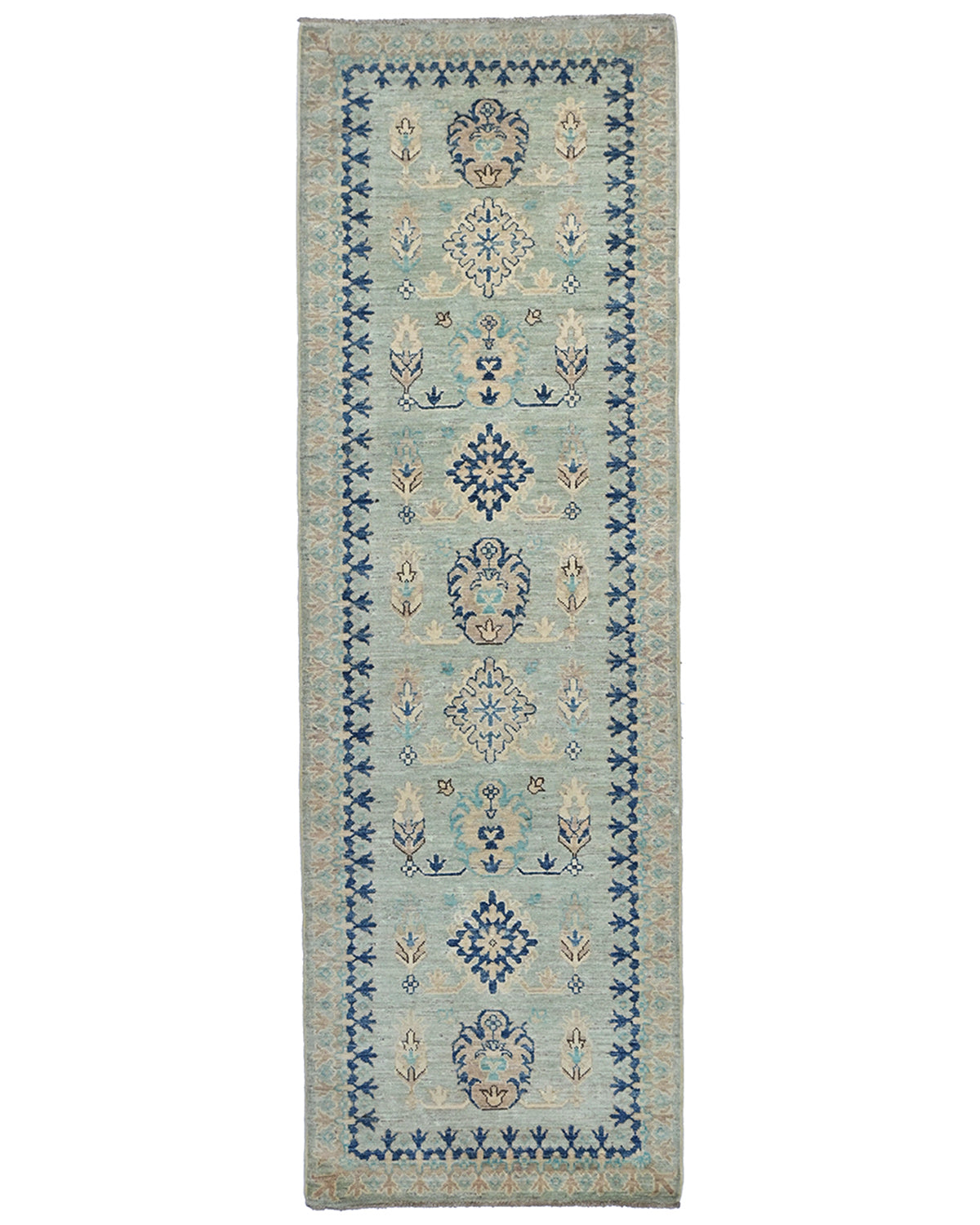 8 Feet Kazak Light Blue Afghan Hand Knotted Traditional Wool Runner Rug