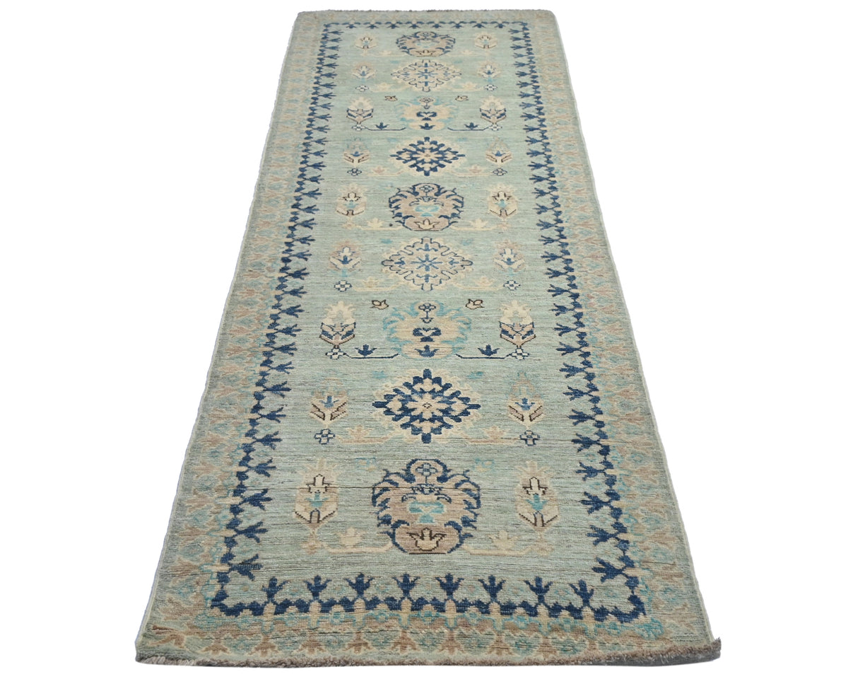 8 Feet Kazak Light Blue Afghan Hand Knotted Traditional Wool Runner Rug