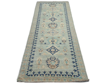 8 Feet Kazak Light Blue Afghan Hand Knotted Traditional Wool Runner Rug