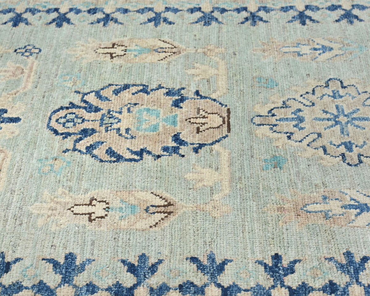 8 Feet Kazak Light Blue Afghan Hand Knotted Traditional Wool Runner Rug