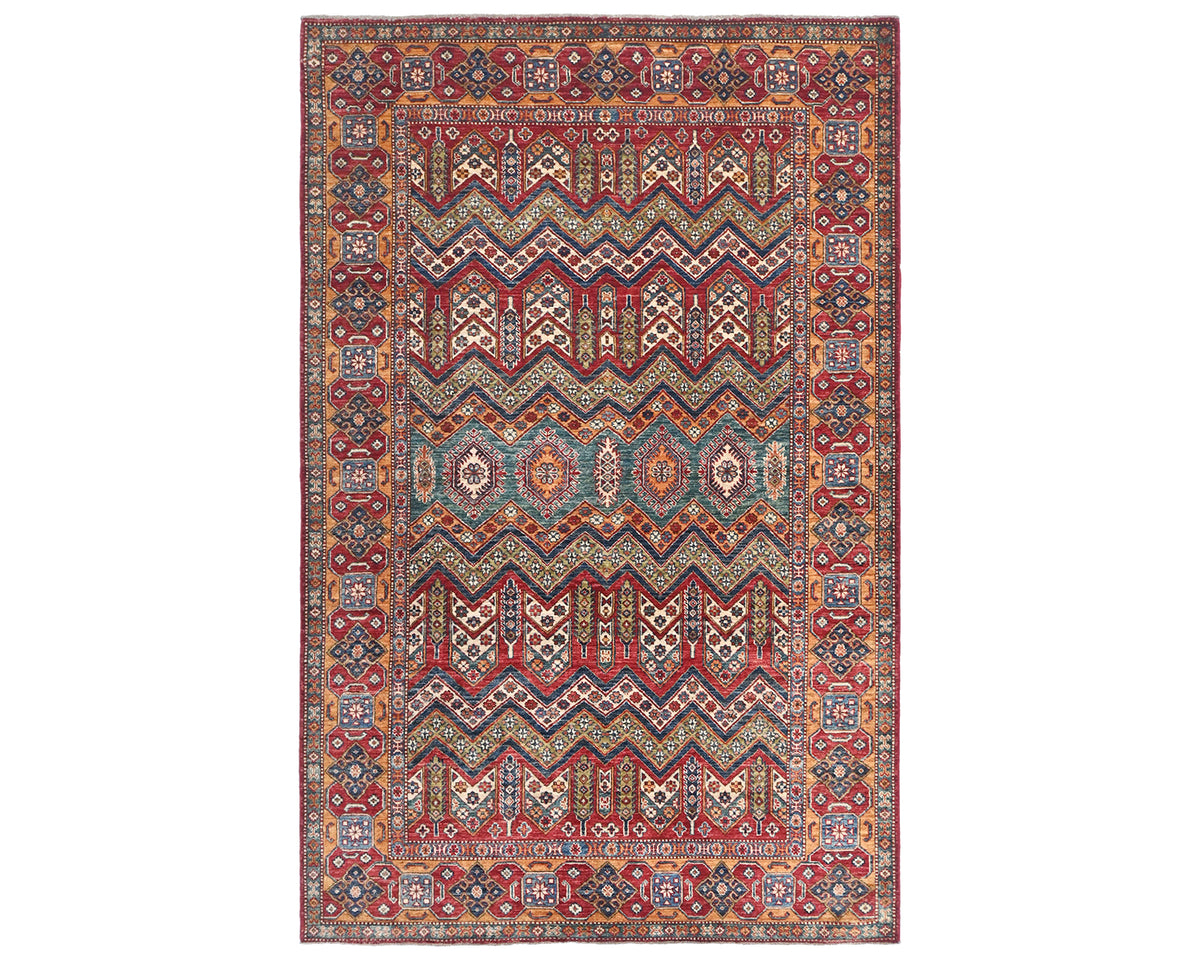 Alfombra afgana kazaja multicolor de lana geométrica anudada a mano de 1,8 x 2,7 m