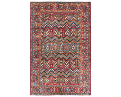 Alfombra afgana kazaja multicolor de lana geométrica anudada a mano de 1,8 x 2,7 m