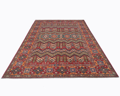 Alfombra afgana kazaja multicolor de lana geométrica anudada a mano de 1,8 x 2,7 m