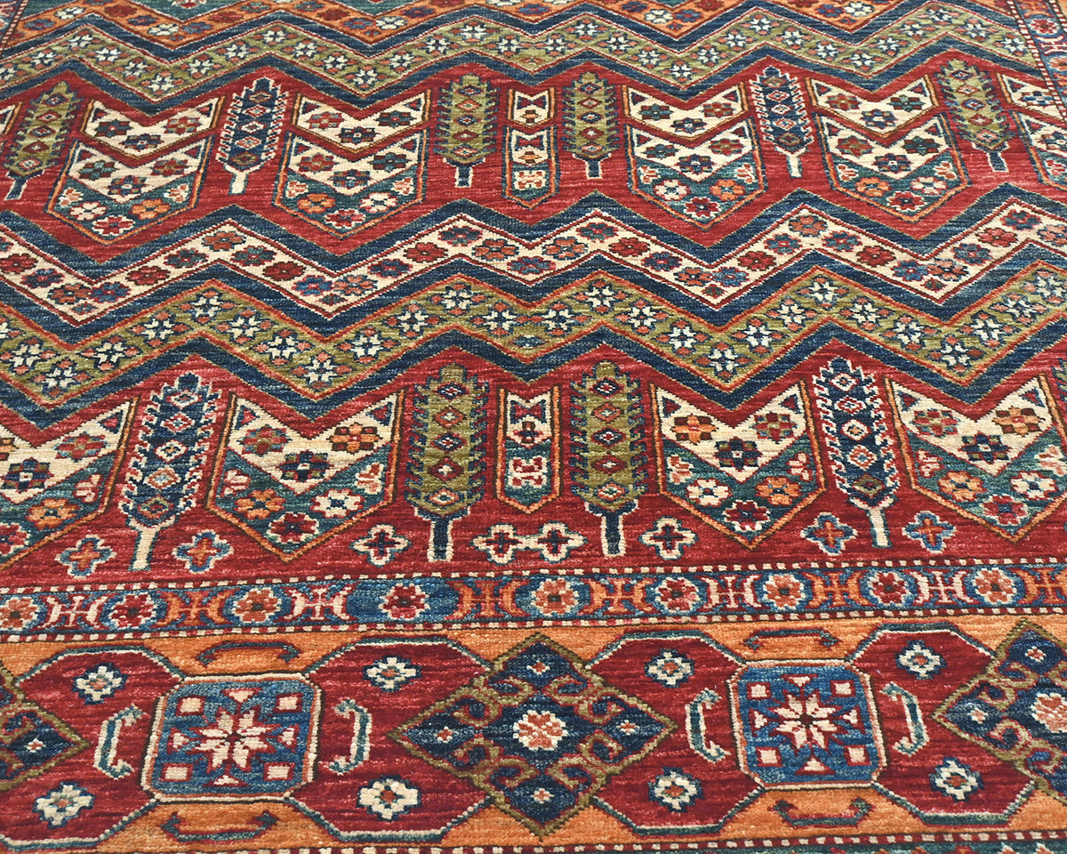 Alfombra afgana kazaja multicolor de lana geométrica anudada a mano de 1,8 x 2,7 m