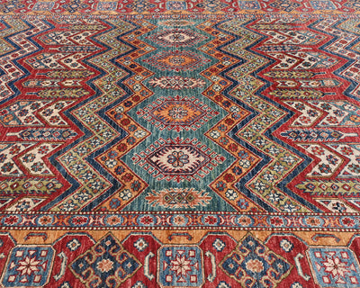 Alfombra afgana kazaja multicolor de lana geométrica anudada a mano de 1,8 x 2,7 m