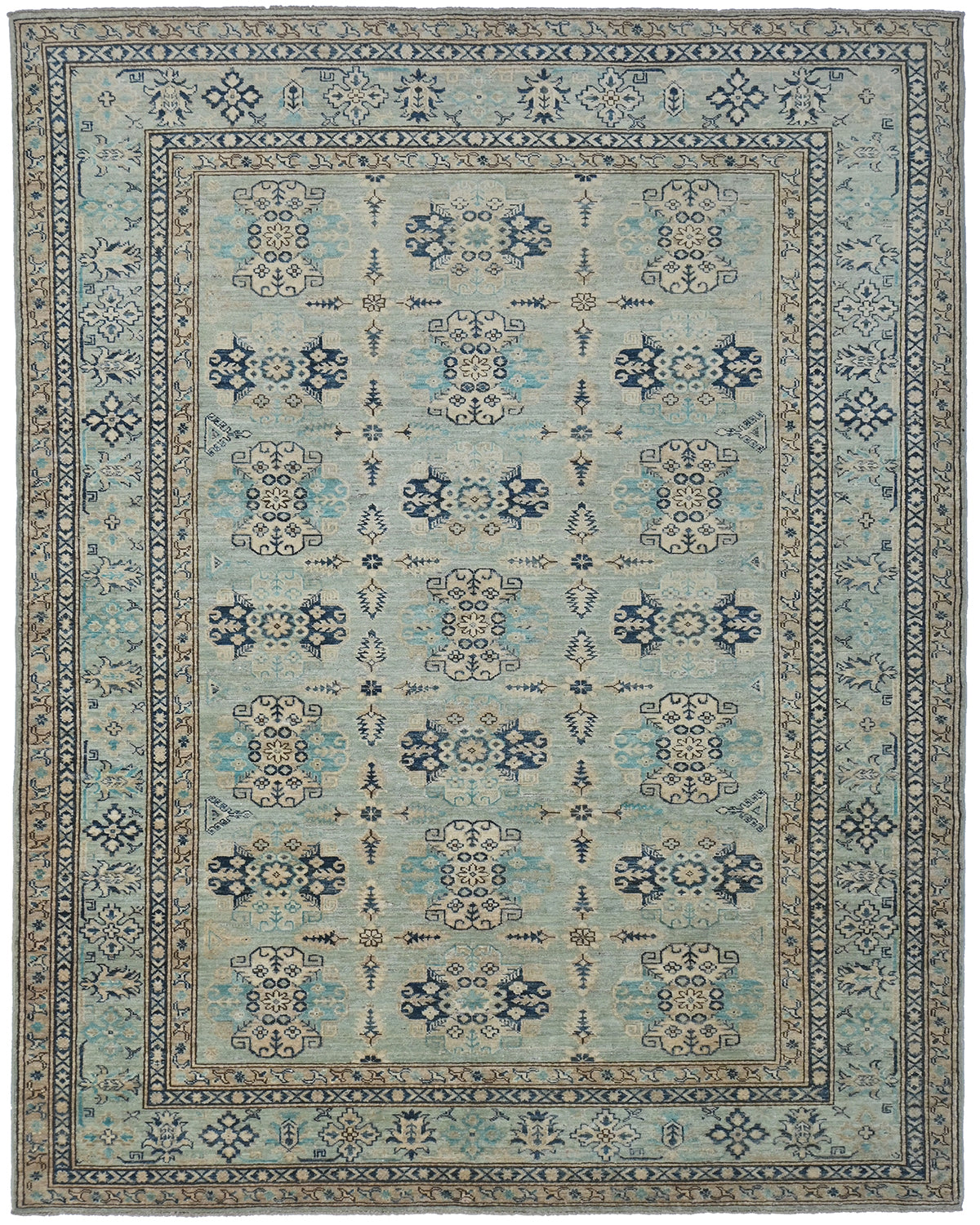 Alfombra afgana de lana geométrica anudada a mano, color azul claro Kazak, 6x9