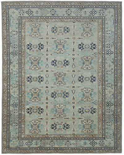 Alfombra afgana de lana geométrica anudada a mano, color azul claro Kazak, 6x9