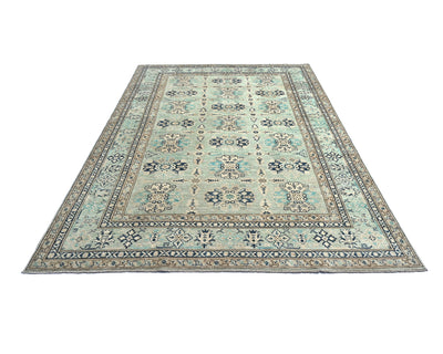Alfombra afgana de lana geométrica anudada a mano, color azul claro Kazak, 6x9