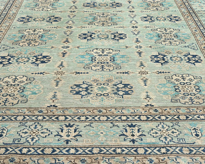 Alfombra afgana de lana geométrica anudada a mano, color azul claro Kazak, 6x9