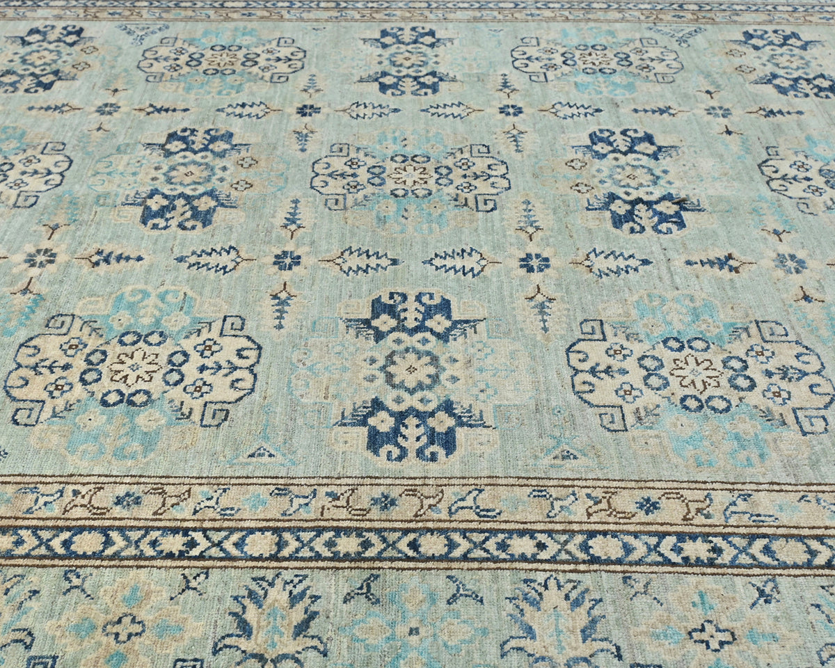 Alfombra afgana de lana geométrica anudada a mano, color azul claro Kazak, 6x9