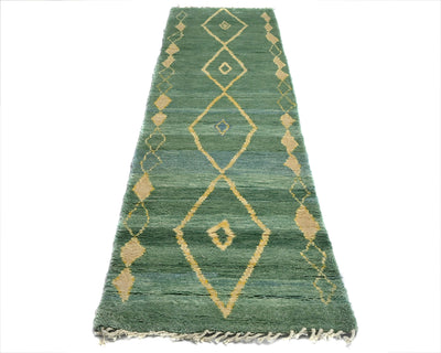 10 Feet Moroccan Green Hand Woven Wool Runner Rug