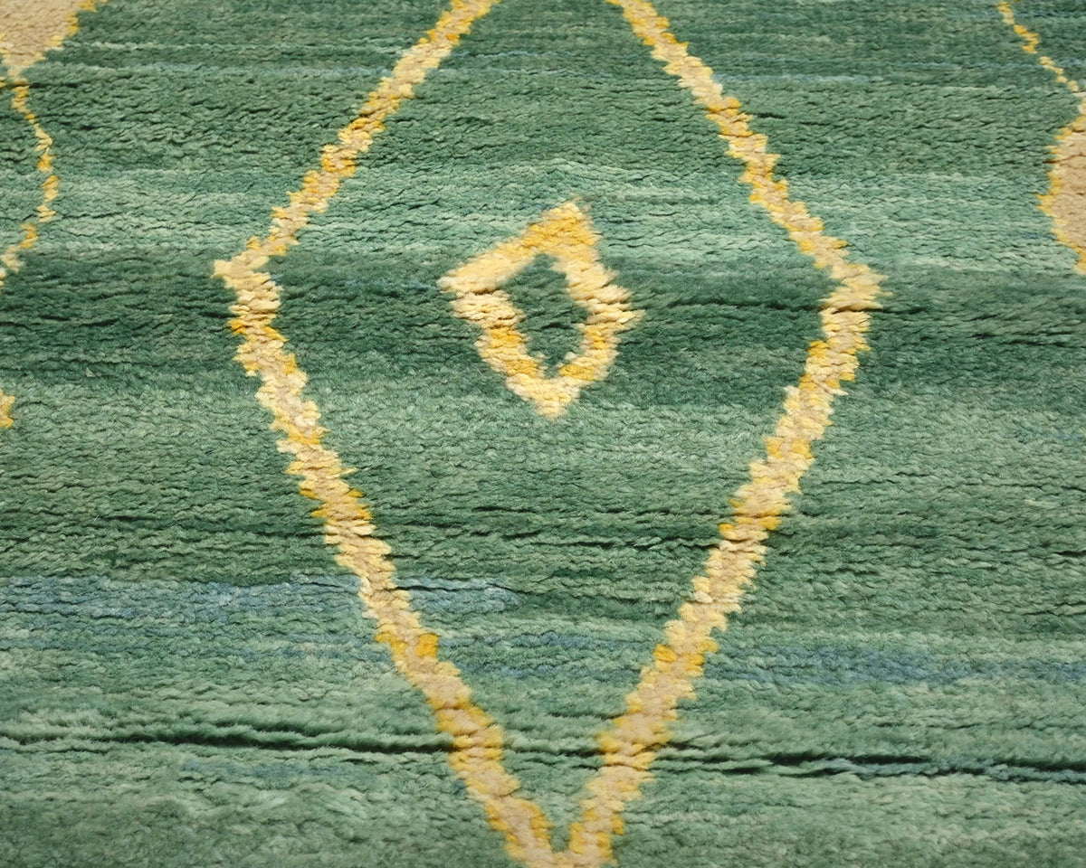 10 Feet Moroccan Green Hand Woven Wool Runner Rug