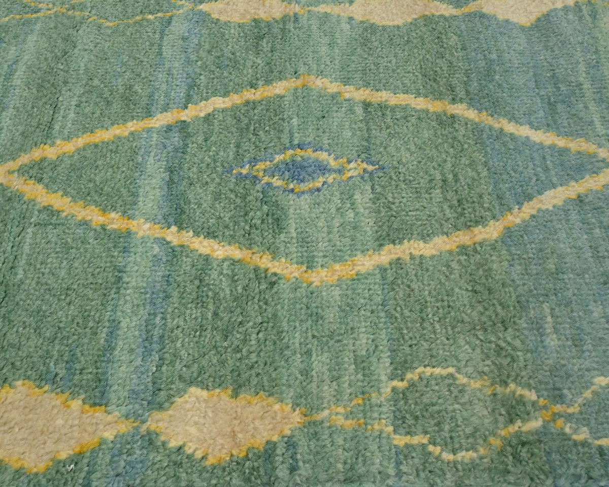 10 Feet Moroccan Green Hand Woven Wool Runner Rug