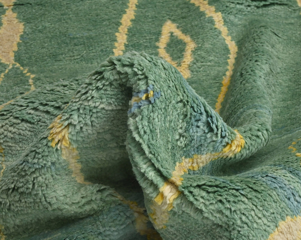 10 Feet Moroccan Green Hand Woven Wool Runner Rug