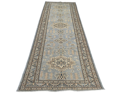 11 Ft Gray Kazak Afghan Hand Knotted Geometric Wool Runner Rug