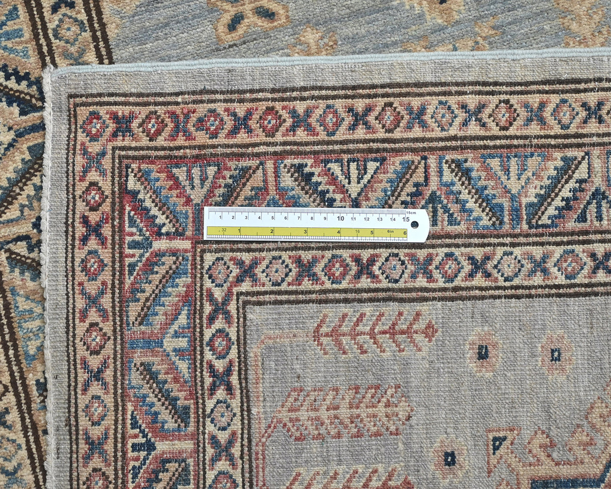 11 Ft Gray Kazak Afghan Hand Knotted Geometric Wool Runner Rug