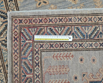 11 Ft Gray Kazak Afghan Hand Knotted Geometric Wool Runner Rug