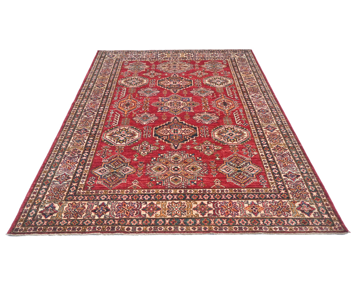 6x8 Red Kazak Afghan Hand Knotted Geometric Wool Area Rug