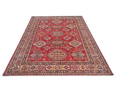 6x8 Red Kazak Afghan Hand Knotted Geometric Wool Area Rug