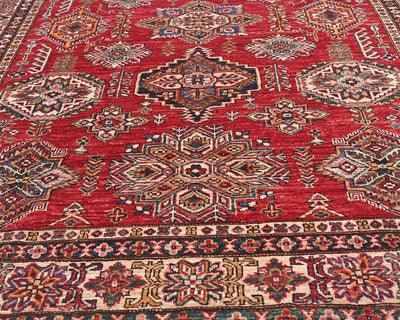 6x8 Red Kazak Afghan Hand Knotted Geometric Wool Area Rug
