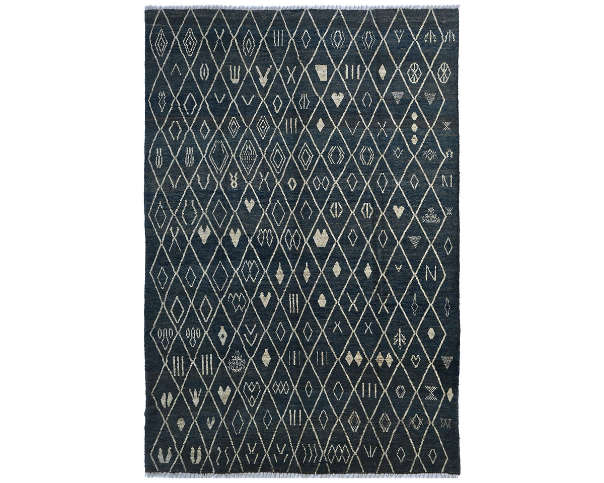 Alfombra marroquí de lana tejida a mano en azul de 10 x 14 pulgadas