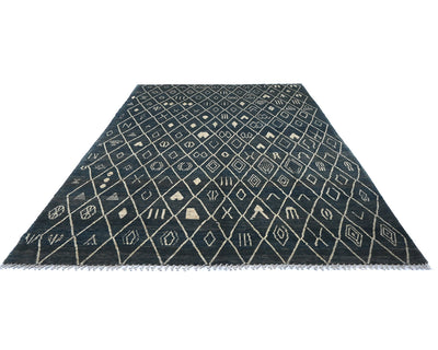Alfombra marroquí de lana tejida a mano en azul de 10 x 14 pulgadas