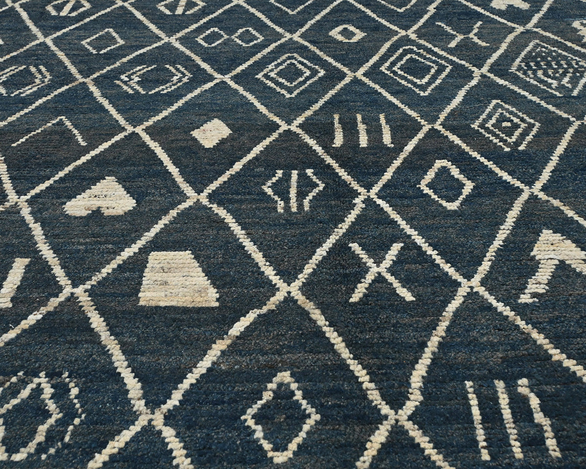 Alfombra marroquí de lana tejida a mano en azul de 10 x 14 pulgadas
