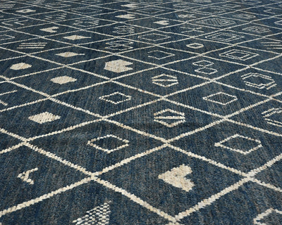 Alfombra marroquí de lana tejida a mano en azul de 10 x 14 pulgadas