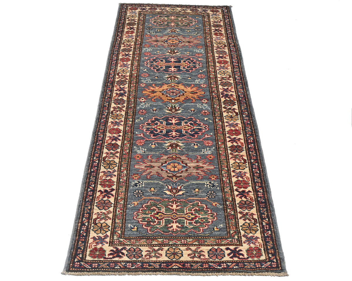 6 Feet Gray Kazak Afghan Hand Knotted Wool Runner Rug