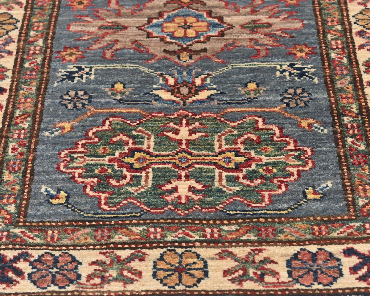 6 Feet Gray Kazak Afghan Hand Knotted Wool Runner Rug