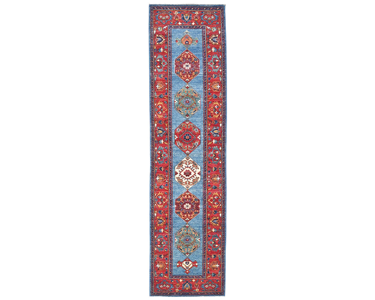 10 Feet Blue Red Aryana Afghan Hand Knotted Veg Dye Wool Runner Rug