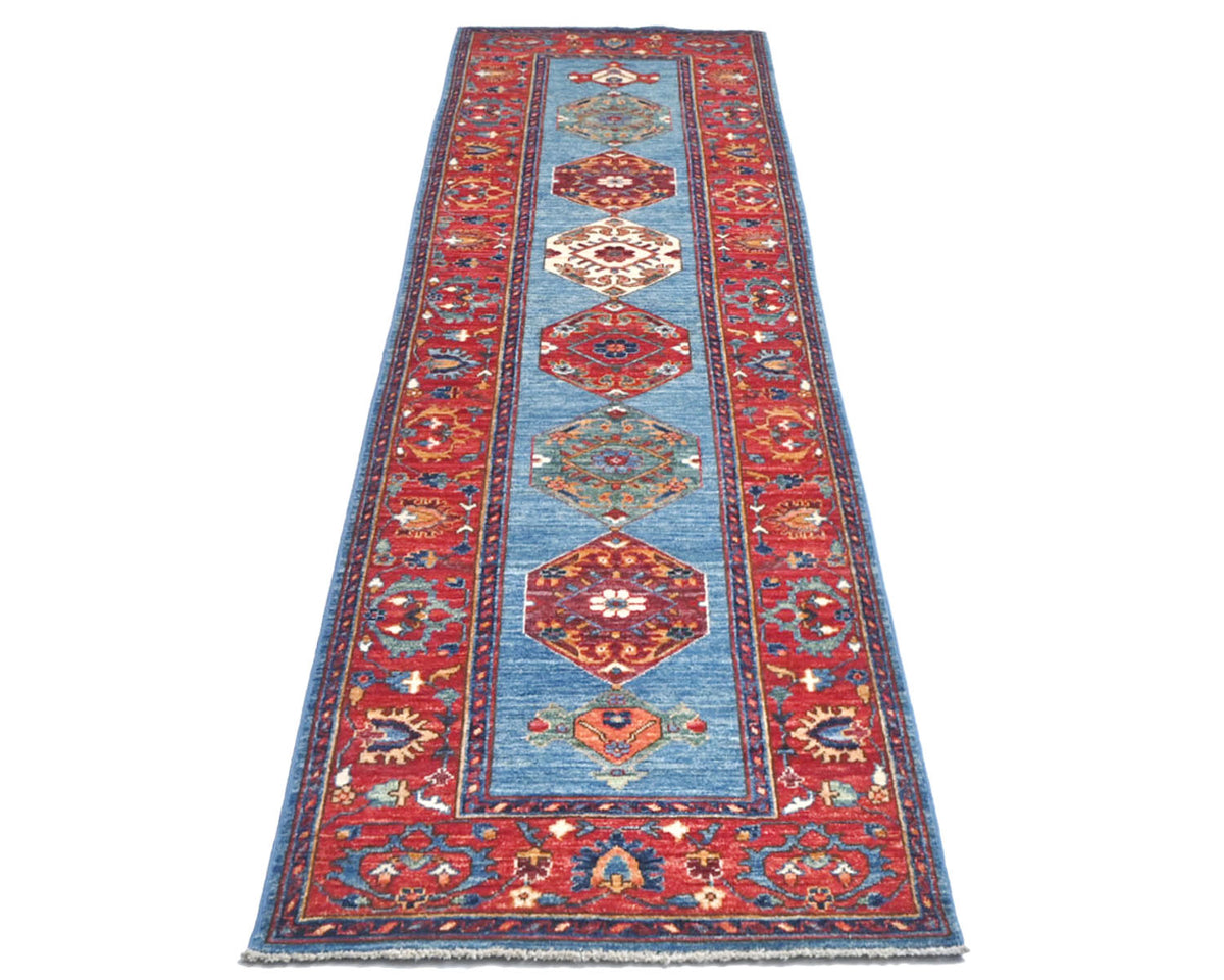10 Feet Blue Red Aryana Afghan Hand Knotted Veg Dye Wool Runner Rug