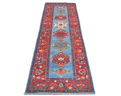 10 Feet Blue Red Aryana Afghan Hand Knotted Veg Dye Wool Runner Rug
