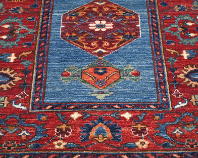 10 Feet Blue Red Aryana Afghan Hand Knotted Veg Dye Wool Runner Rug