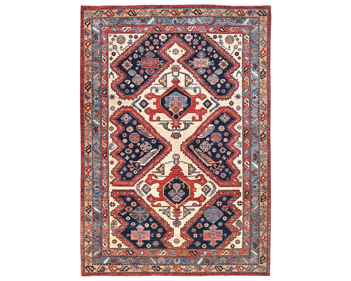 Alfombra afgana Aryana de lana teñida con tinte vegetal, anudada a mano, color beige y azul, de 6 x 9 pulgadas