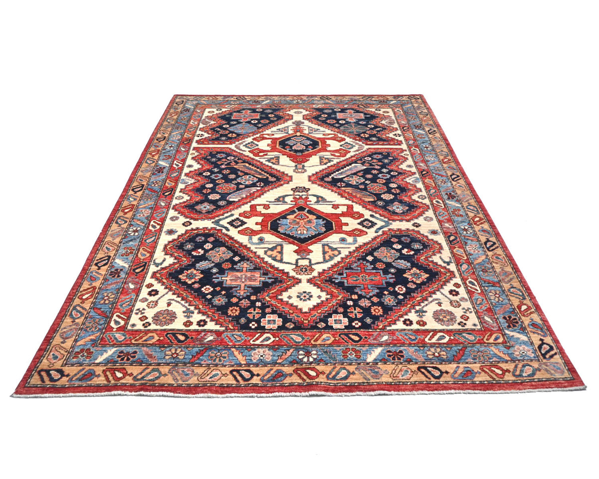 Alfombra afgana Aryana de lana teñida con tinte vegetal, anudada a mano, color beige y azul, de 6 x 9 pulgadas