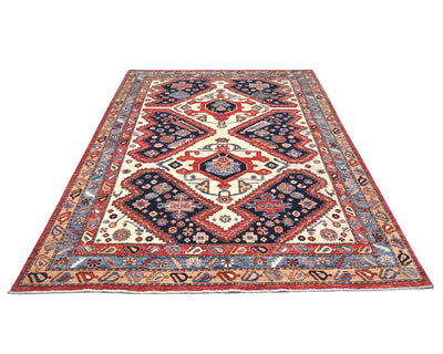 Alfombra afgana Aryana de lana teñida con tinte vegetal, anudada a mano, color beige y azul, de 6 x 9 pulgadas